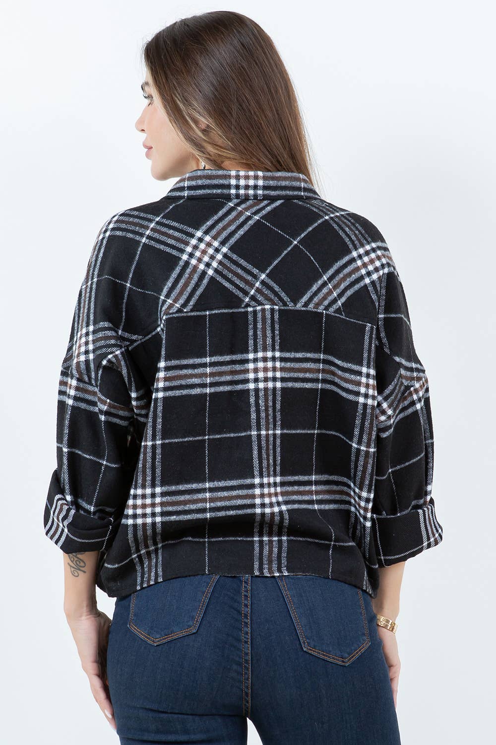 Veracci - Wholesale Button Down Shirt - Women's - Boxy Cropped Long Sleeve Plaid Over Shirt11