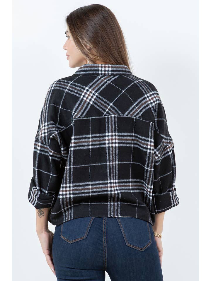 Veracci - Wholesale Button Down Shirt - Women's - Boxy Cropped Long Sleeve Plaid Over Shirt11
