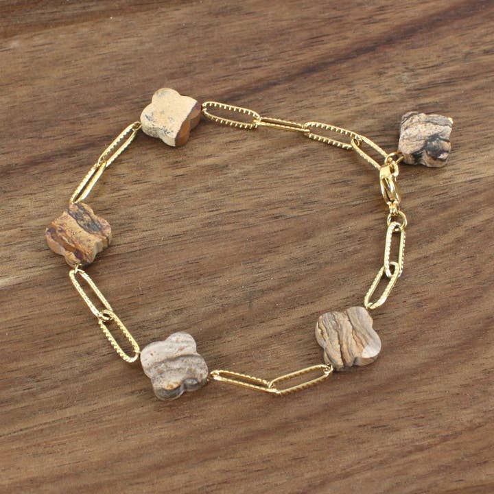 B24045 5 Clover Stone Stainless Steel Bracelet for wholesale by Pretty Persuasions