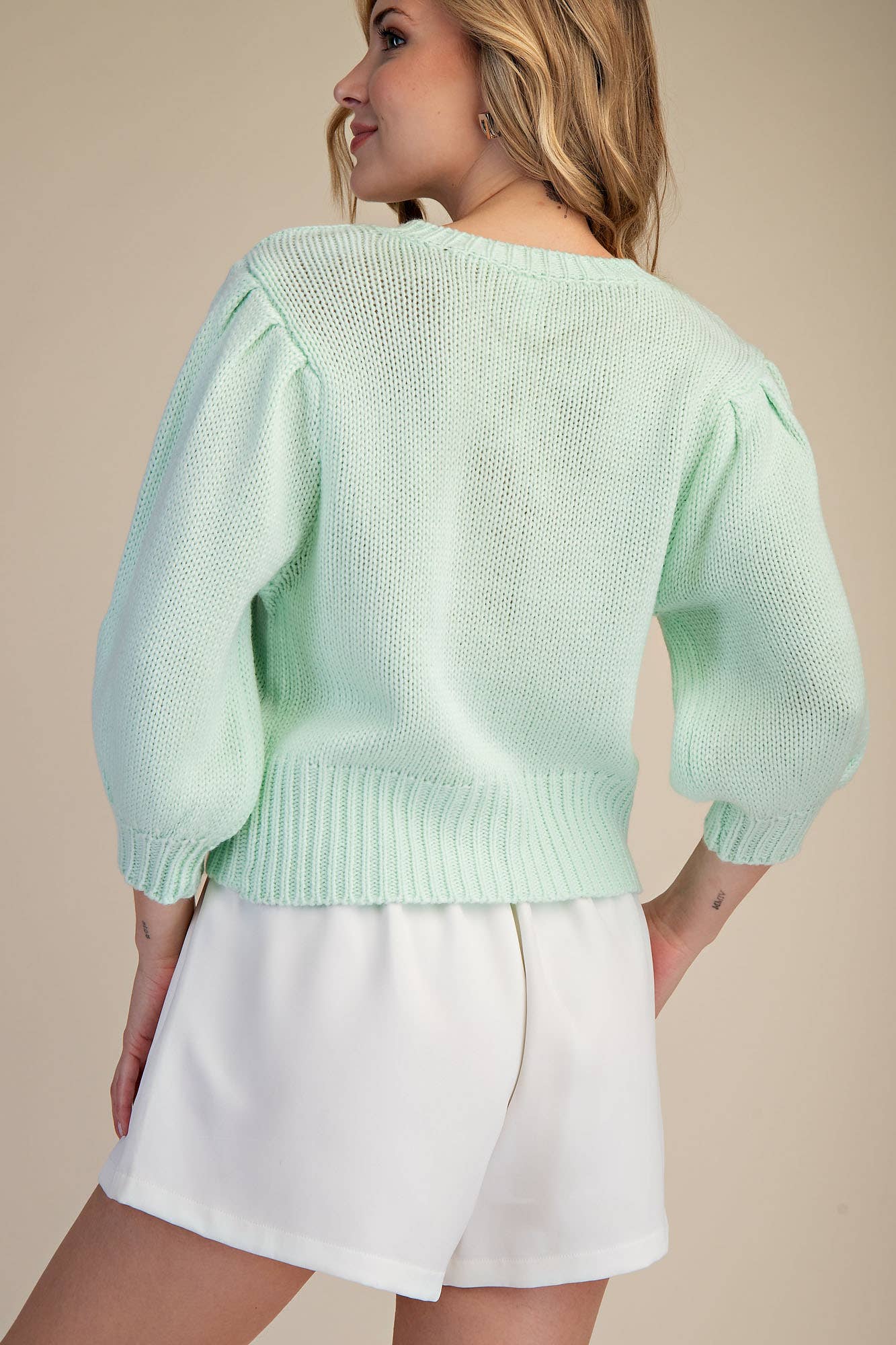 Glam - Wholesale Knit Sweater - Women's - Short Puff Sleeve Button Down Sweater - Reorder Friendly13