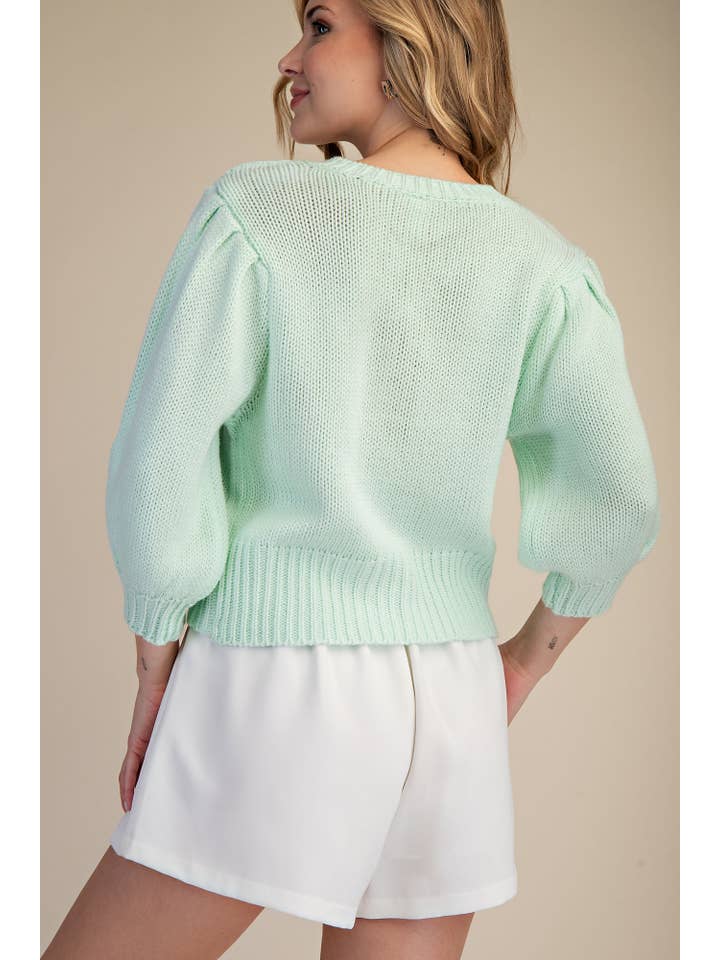 Glam - Wholesale Knit Sweater - Women's - Short Puff Sleeve Button Down Sweater - Reorder Friendly13