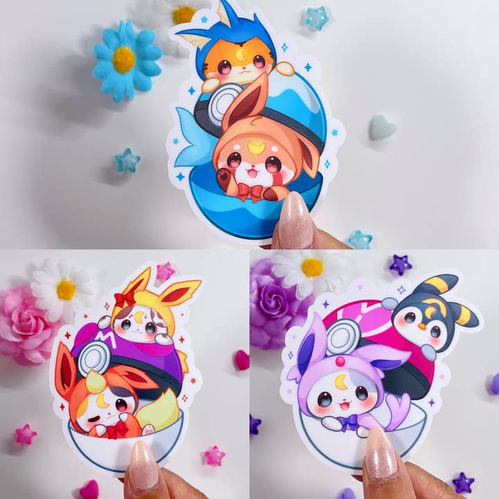 Cute Eeveelution Poncho Pokeball Vinyl Sticker for wholesale by MaeMunchiesCo