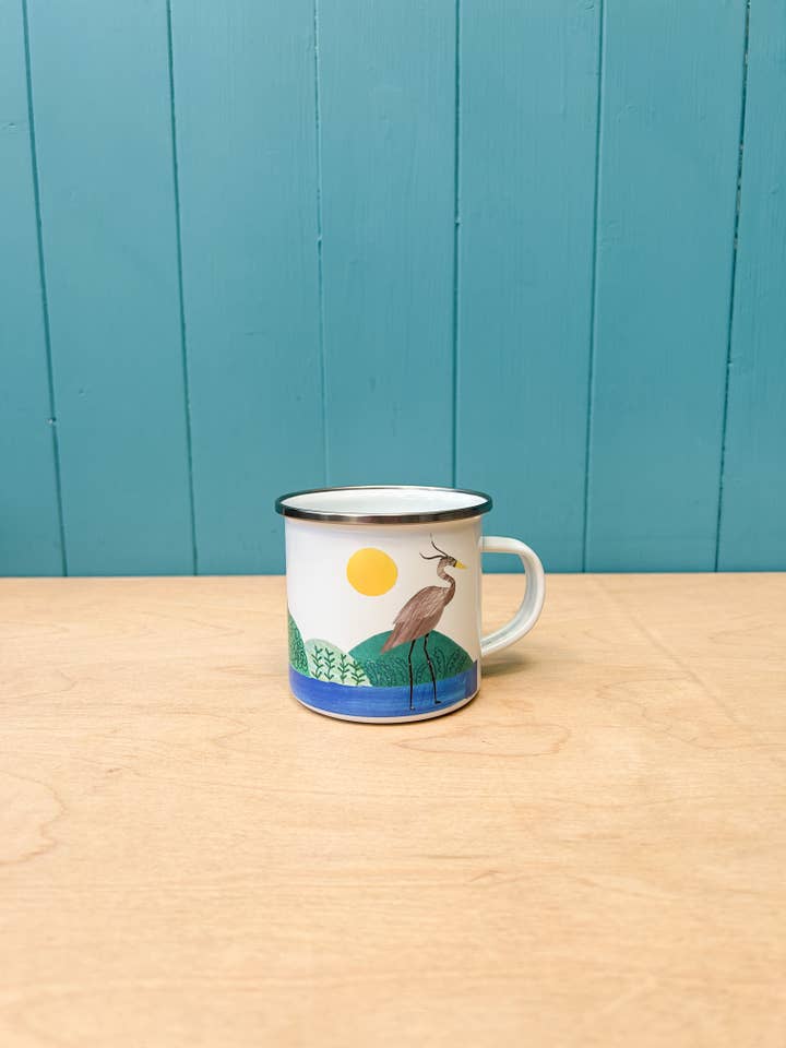 Hand-Printed Heron Enamel Camping Mug for wholesale by Siobhan Watt