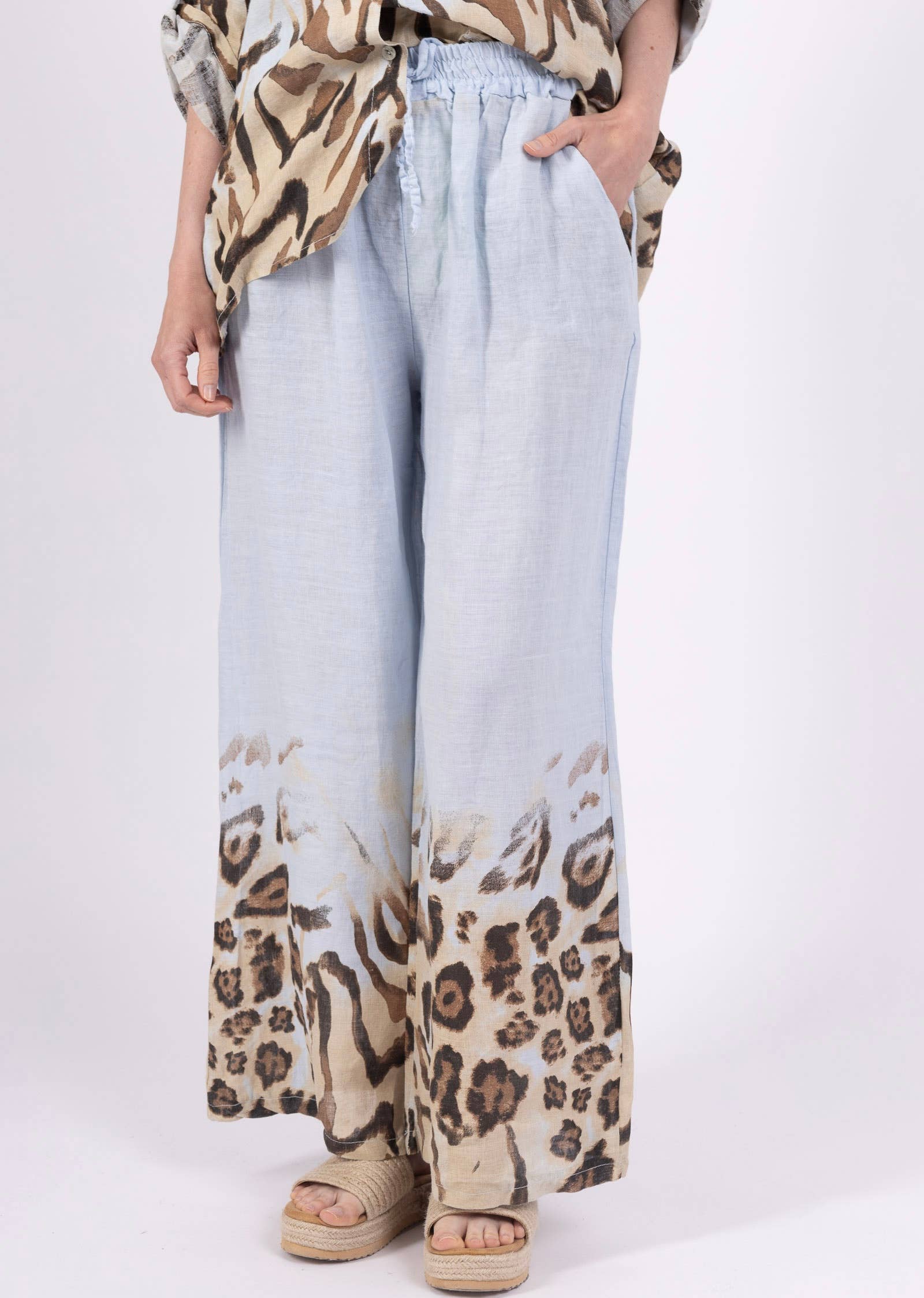 LINEN & COTTON HOUSE – Engroshandel Overdelssæt – til kvinder – Leopardmønstret hørskjorte og bukser sæt 09002 484035