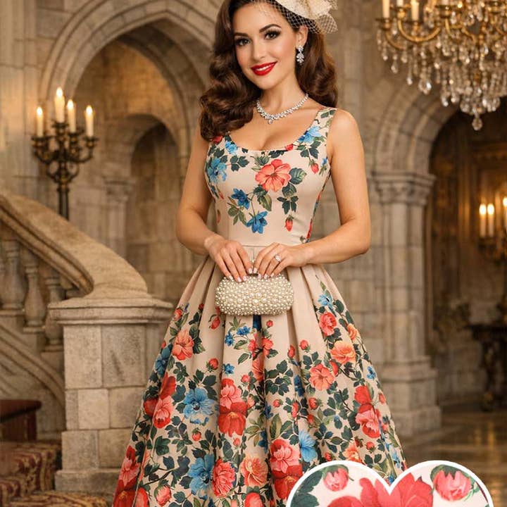 Vestido Plissado Floral Vitoriano em Creme com Saia Evasê Amanda por atacado de Dolly & Dotty