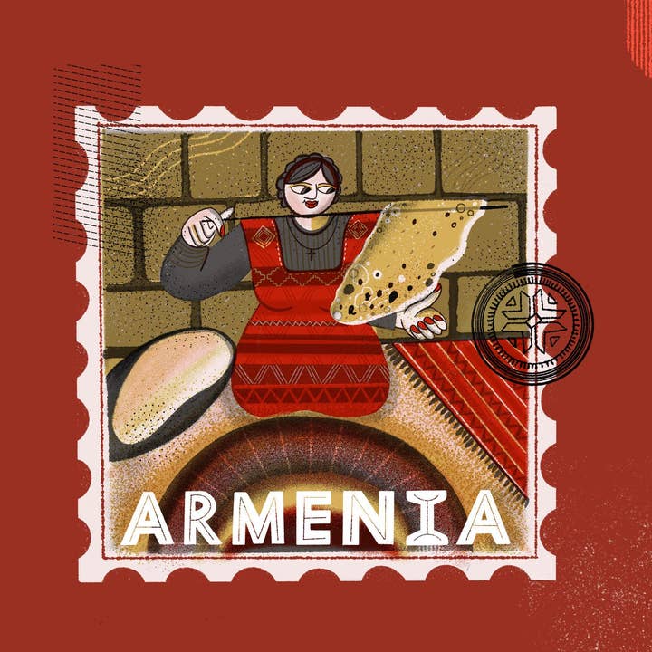 Armenia Lavash Traditions Vibrant Risograph Kunstdruck für den Großhandel von Rhi Moxon Illustration