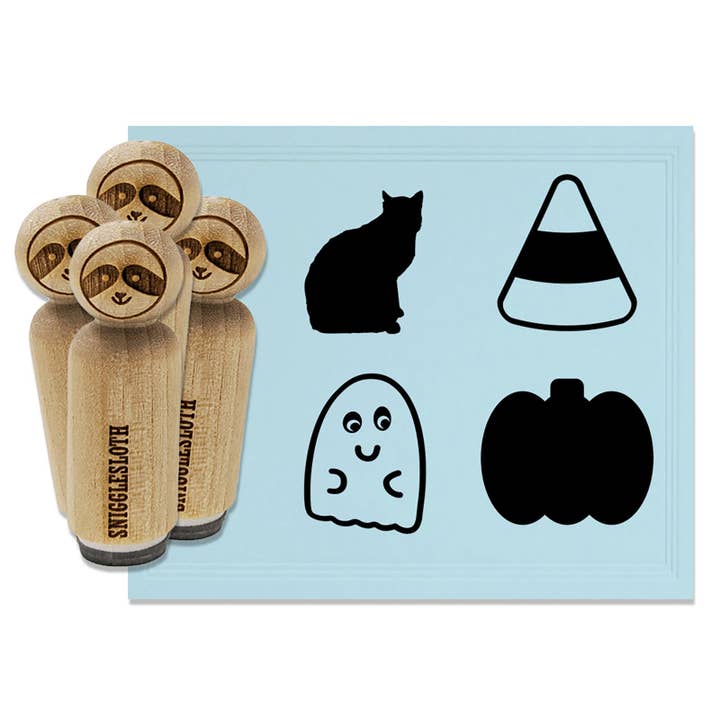 Ensemble de tampons en caoutchouc pour Halloween Ghost Candy Corn Pumpkin Black Cat pour tamponner des agendas pour la vente par Sniggle Sloth