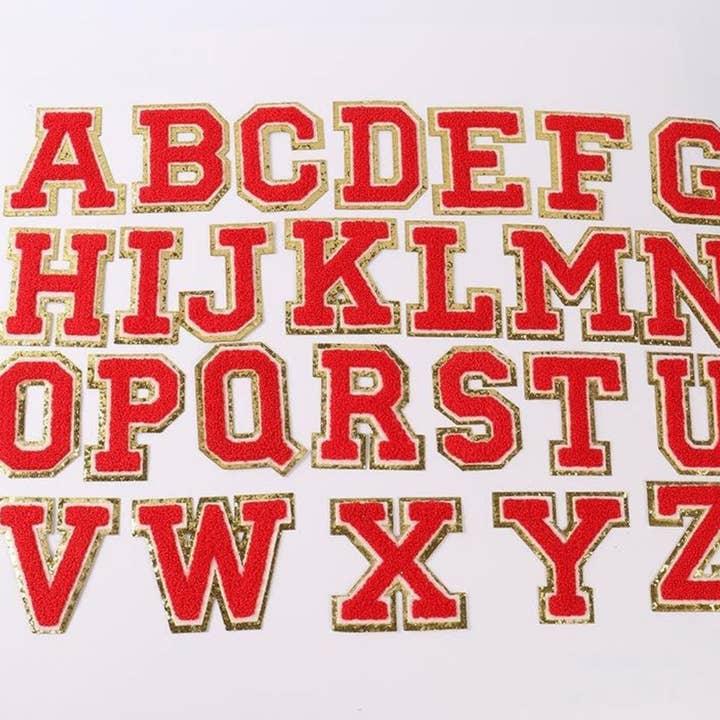 Red Chenille Iron On Gold Glitter Letter Patches for wholesale on Faire