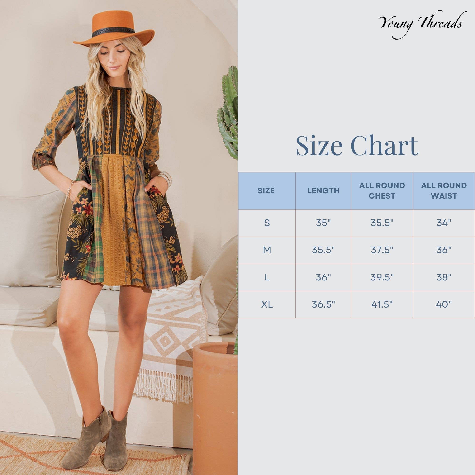CAMEL Rustic Bohemian: Fit and Flare Patchwork Mini Dress for wholesale on Faire5