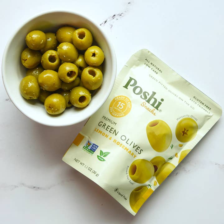 POSHI - Vente Olives - Poshi Snacks - Olives vertes dénoyautées au citron et au romarin 1,1 oz/10
