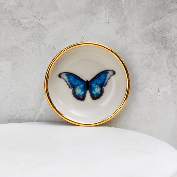 Blue Morpho Butterfly Trinket Dish | Ring Dish | Handmade for wholesale by Apricity Ceramics