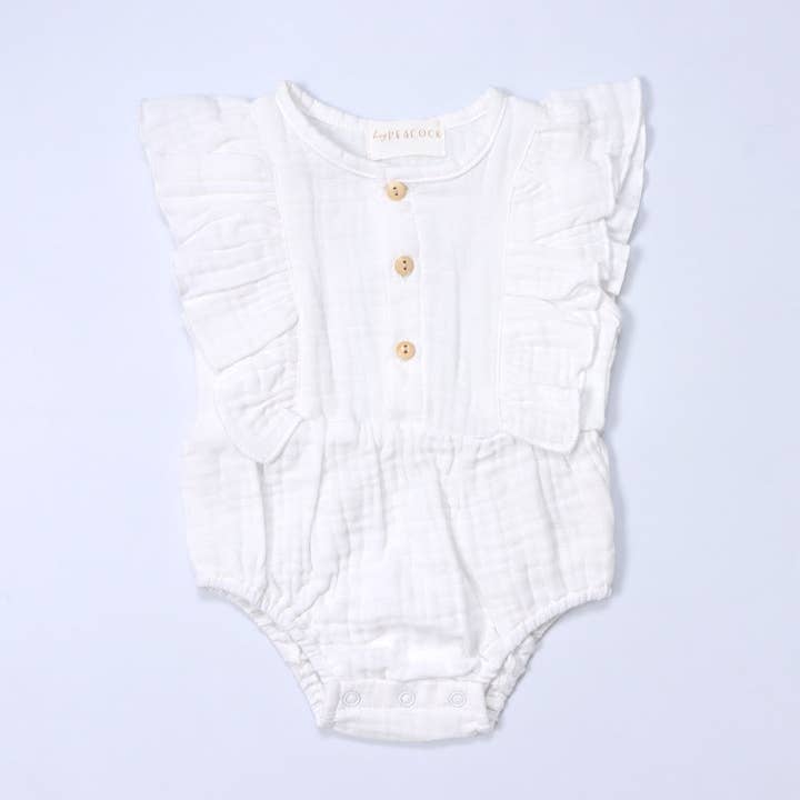 Baby Ruffle Romper (100% Muslin Cotton) White for wholesale by HeyPeacock