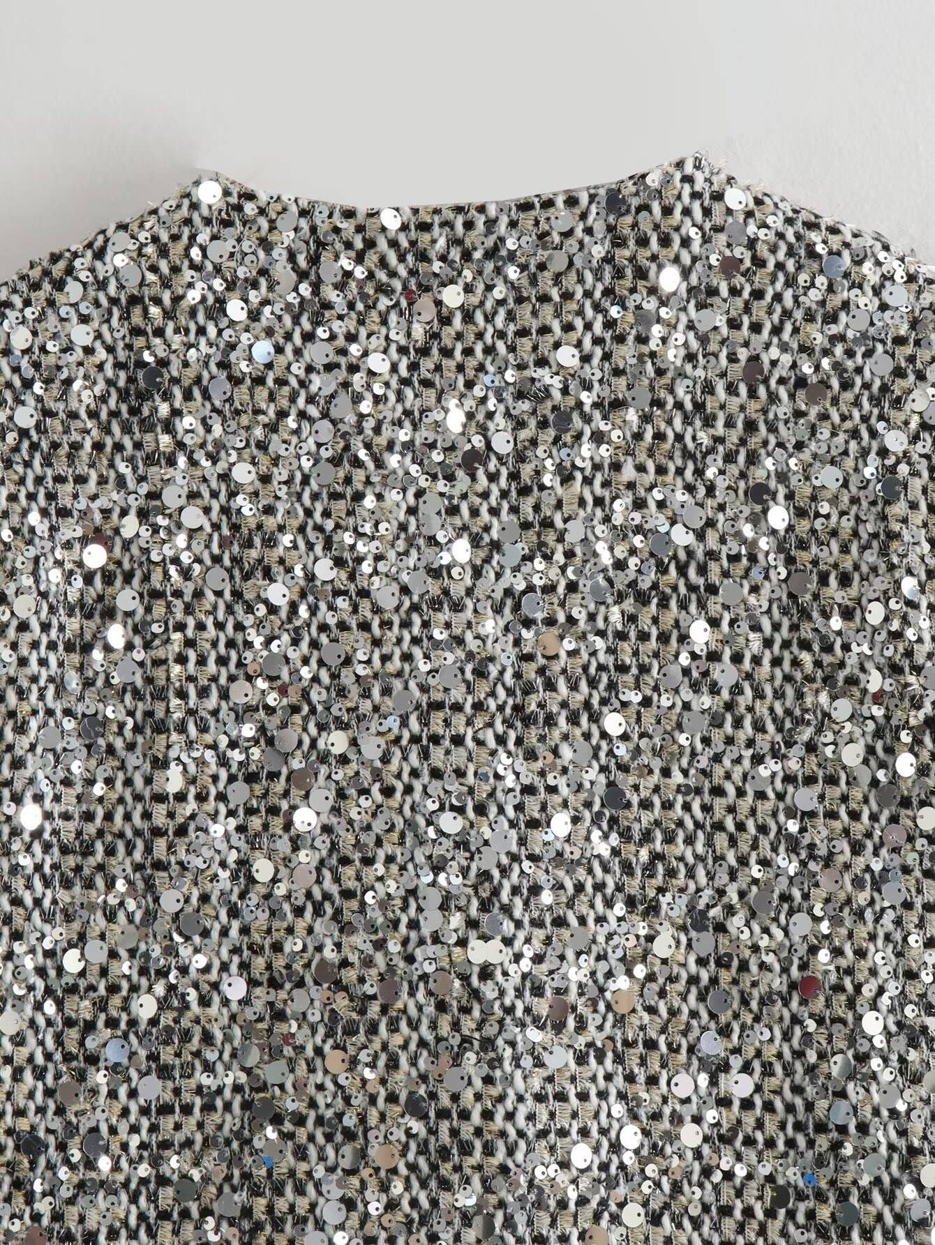 silver sequin tweed bomber jacket for wholesale on Faire10