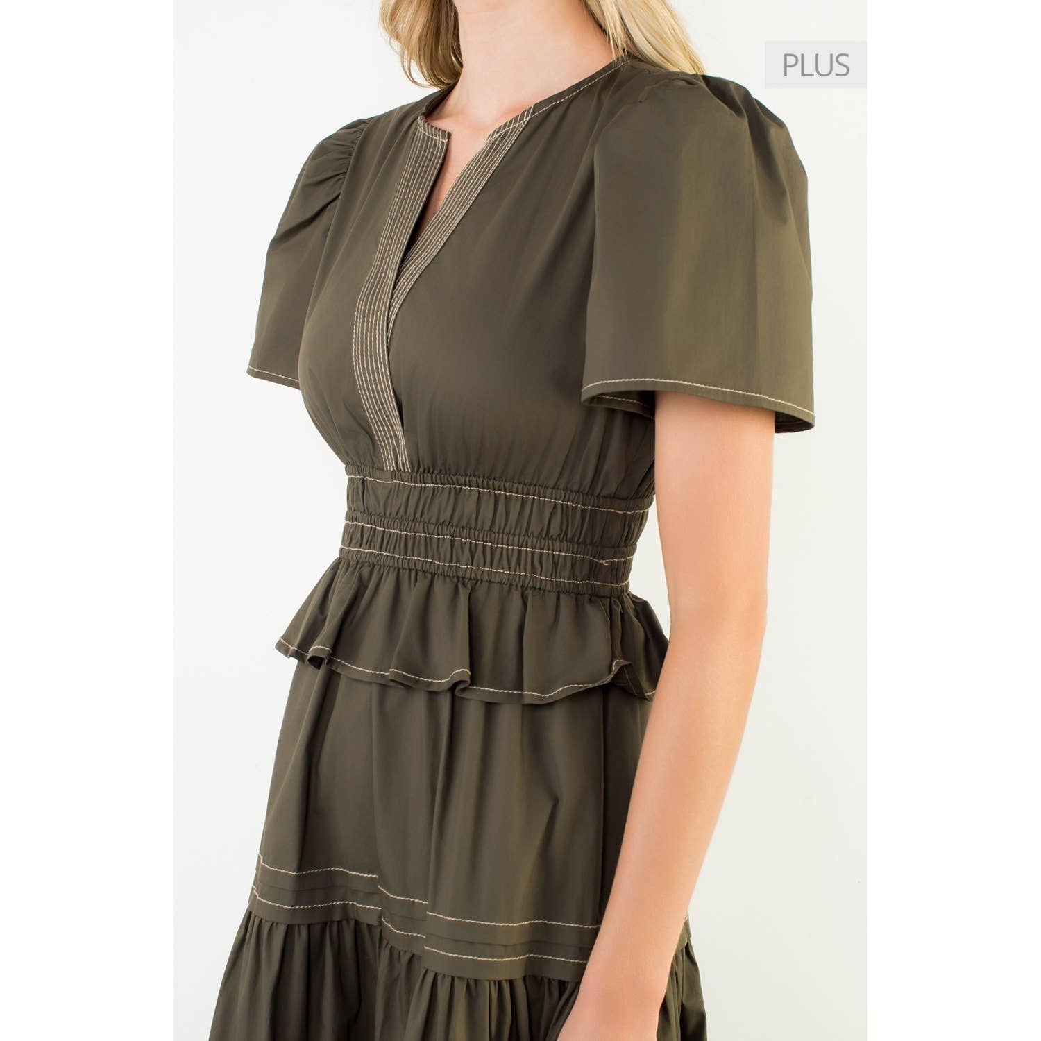 THML - Vendita all'ingrosso Vestito - Donna - Abito midi a balze con scollo a V e maniche corte /Taglia XL/4