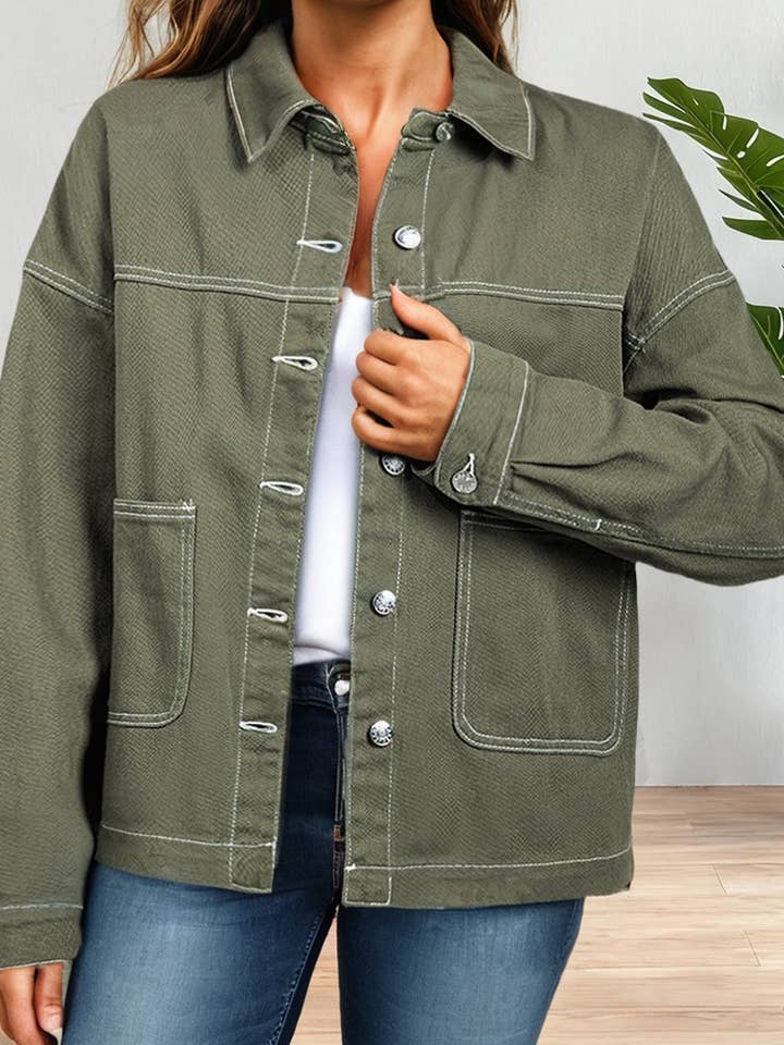 Patched Pocket Collared Button Front Boyfriend Denim Jacket for wholesale by LA Society