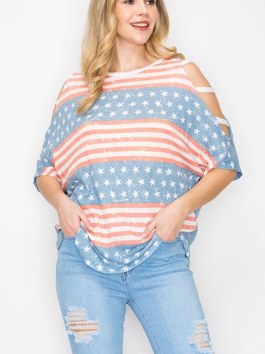 10728SS371 - STRIBE OG STJERNE PRINT SKULDERREM TOP for engroshandel hos A.gain