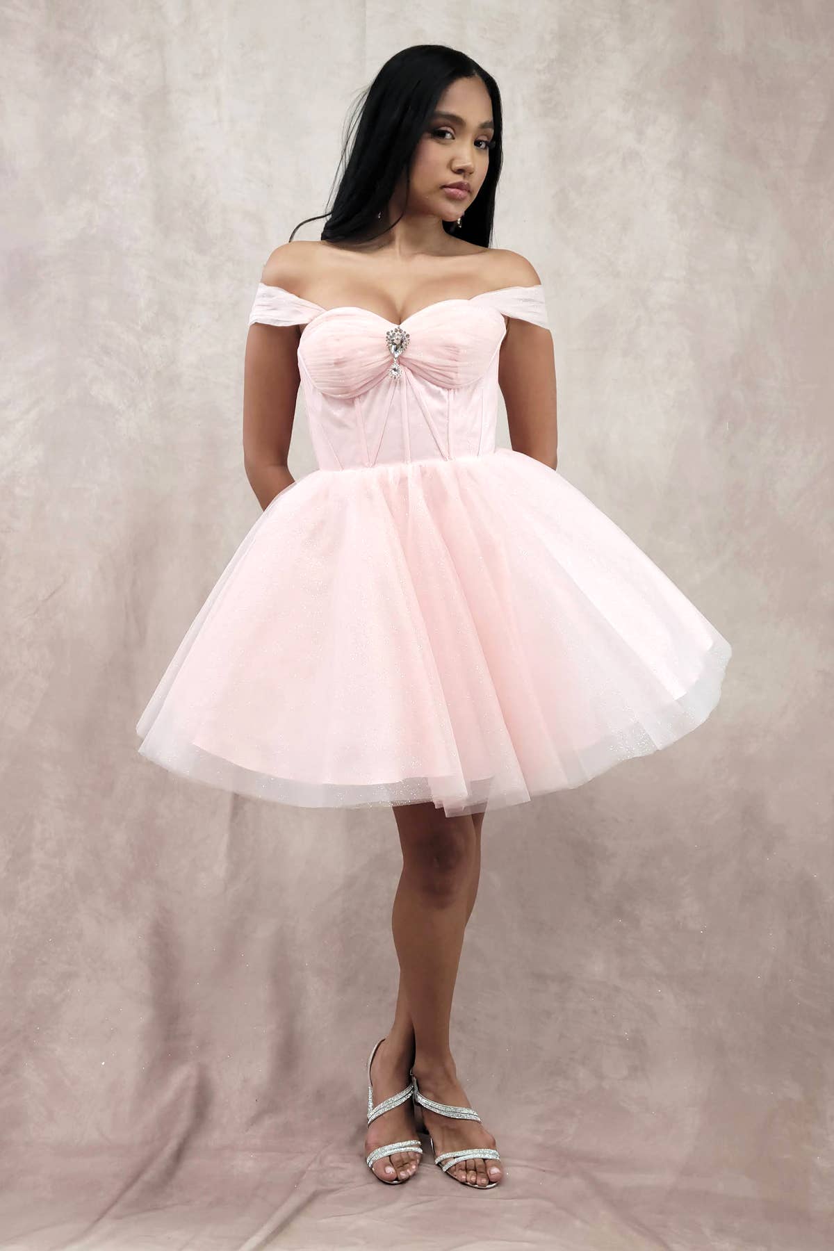 Chicas - Wholesale Dress - Women's - Short Off The Shoulder Tulle Dress With Brooch14