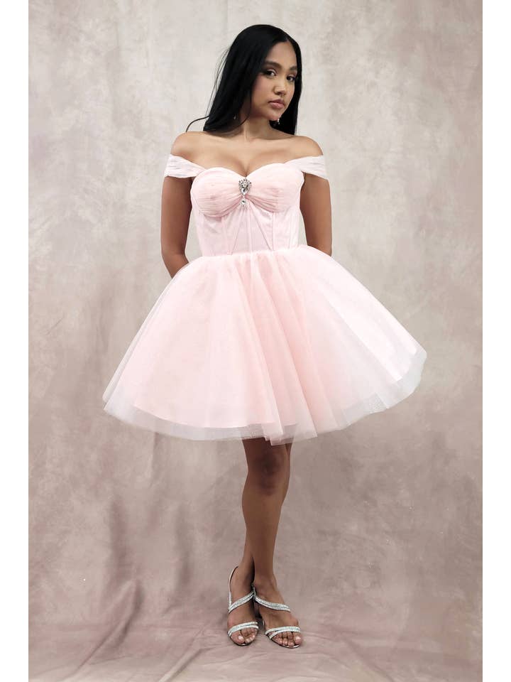 Chicas - Wholesale Dress - Women's - Short Off The Shoulder Tulle Dress With Brooch14