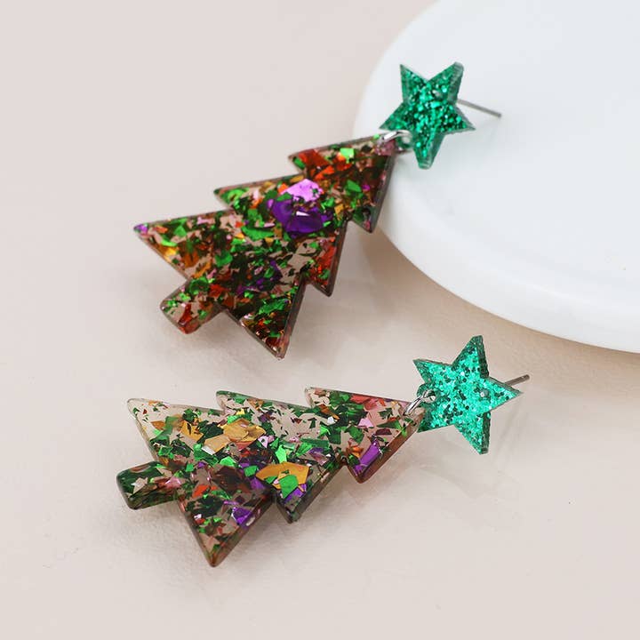 Acrylic Green Mix Christmas Tree Earrings for wholesale by Peace Of Mind