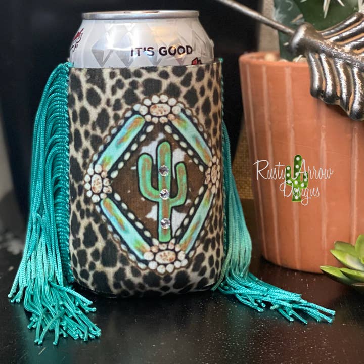 Regular Turquoise Cactus Stone Fringe Koozie for wholesale by RAD Wholesale