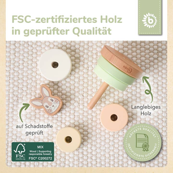 Bieco Spielwaren – Brinquedo de madeira - Crianças por atacado – Torre de Empilhar Coelho Fine FSC®8