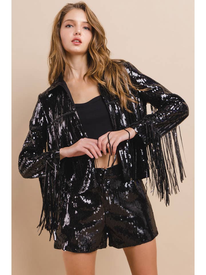 Nylon Apparel - Wholesale Jacket – Women's - 18106D-Western Sequin Collar Fringed Long Sleeves Jacket3