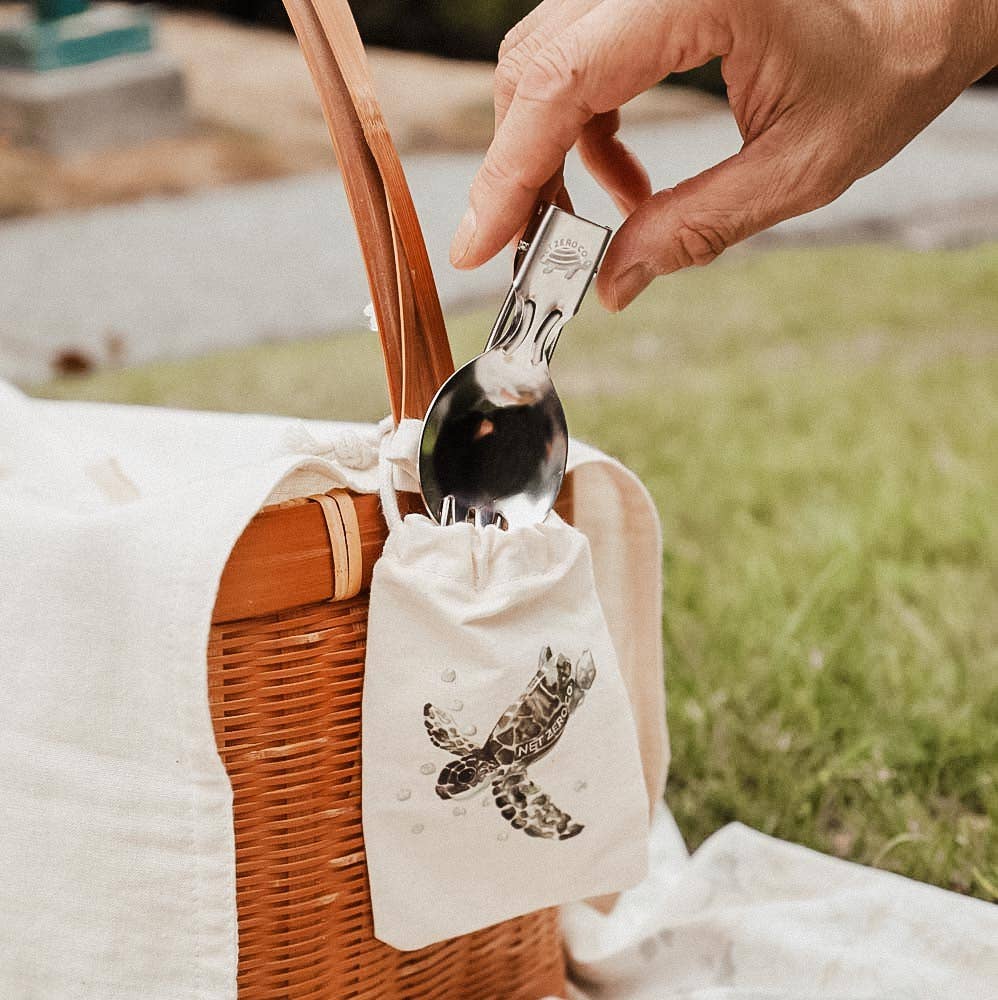 Net Zero Co. - Wholesale Travel Utensil Set - Stainless Steel Folding Spork - With Cotton Pouch1