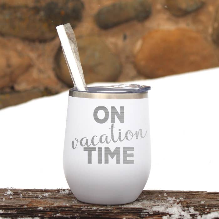 On Vacation Time Mug Wine Tumbler for wholesale by Katie & Company