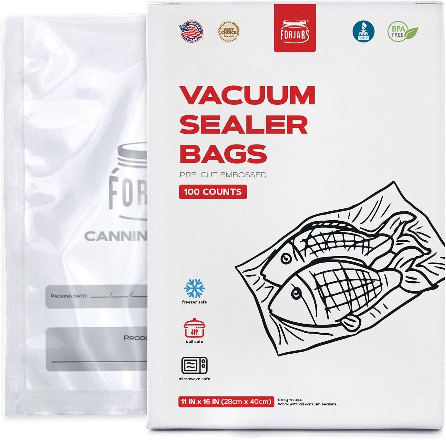 FORJARS – Engroshandel Indpakning/pose til opbevaring af mad – 100 tællinger 11x16 vakuumforseglingsposer0