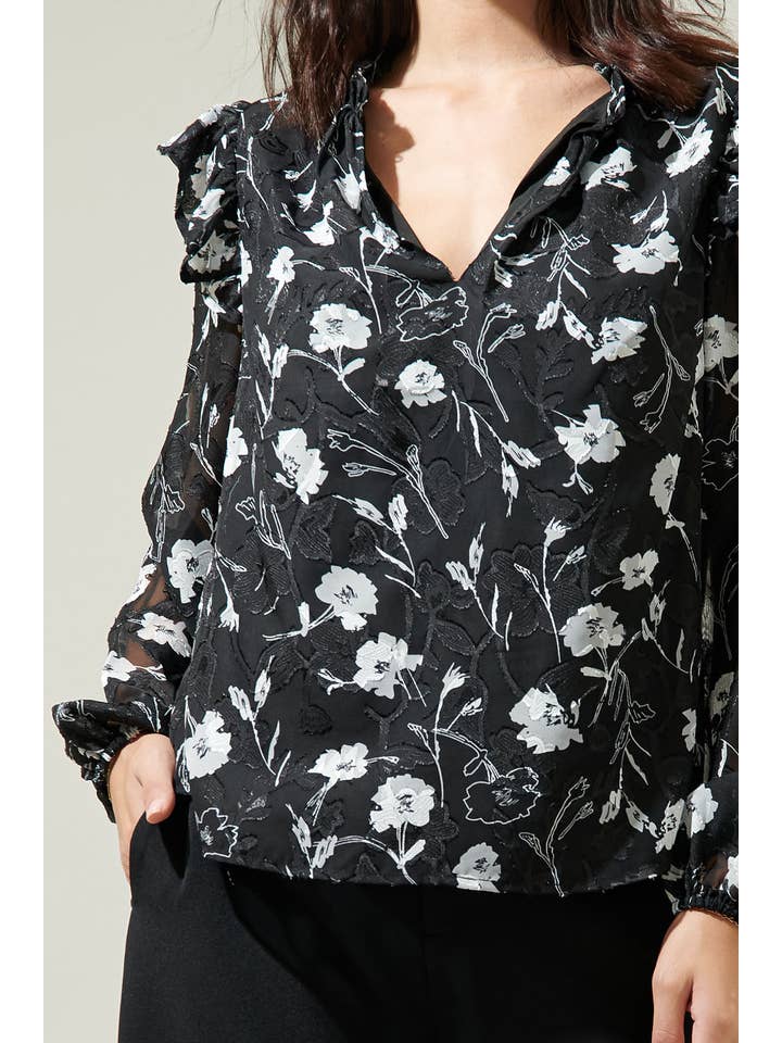 Black White Marilu Floral Ruffle Top for wholesale on Faire3