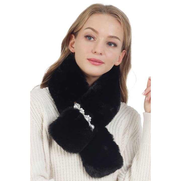 Cap Zone - Wholesale Scarf - Women's - Lux Faux Pearl Insert Fluffy Faux Fur Stole Scarf0