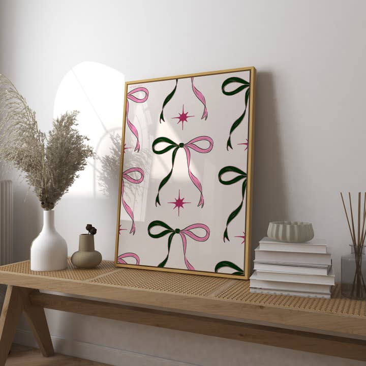 Green and Pink Bow Pattern Art Print for wholesale by RM Decor Studio