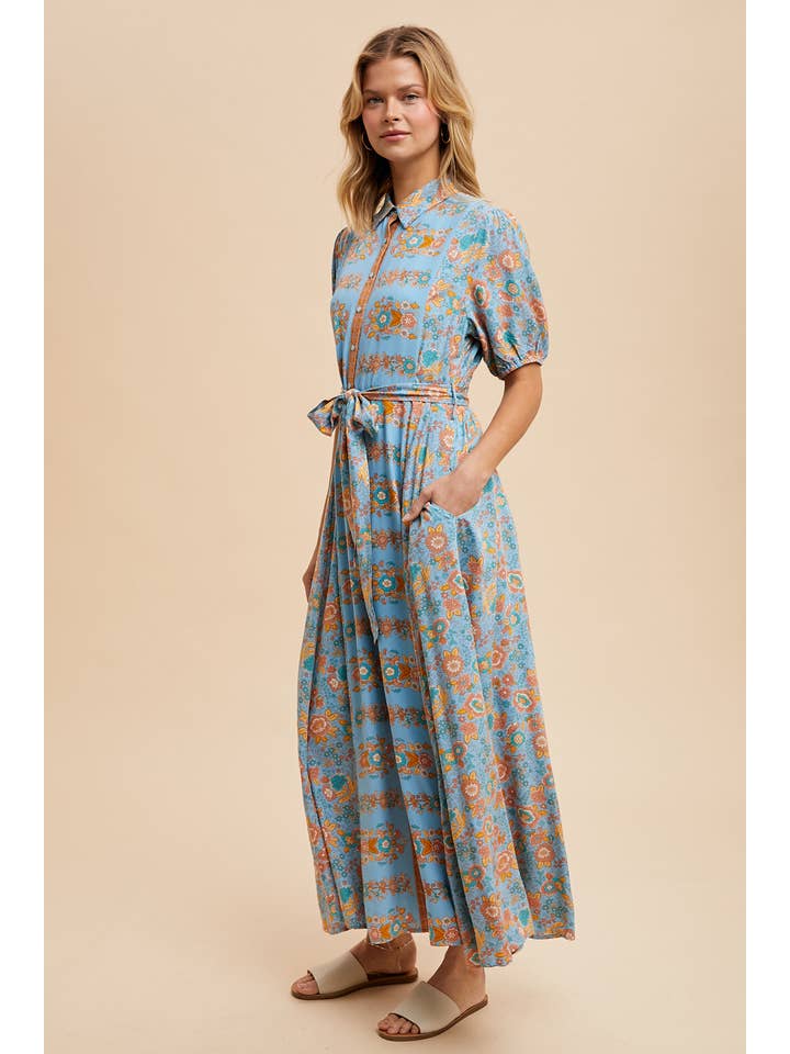 In Loom - Wholesale Dress - Women's - BORDER PRINT BUTTON DOWN MAXI DRESS