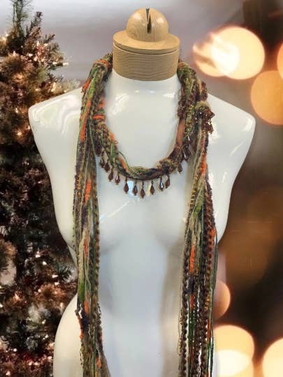 Boho Beaded Lightweight Mohair Scarf Necklace - Orange and B for wholesale by Ciao Bella Jewelry Inc