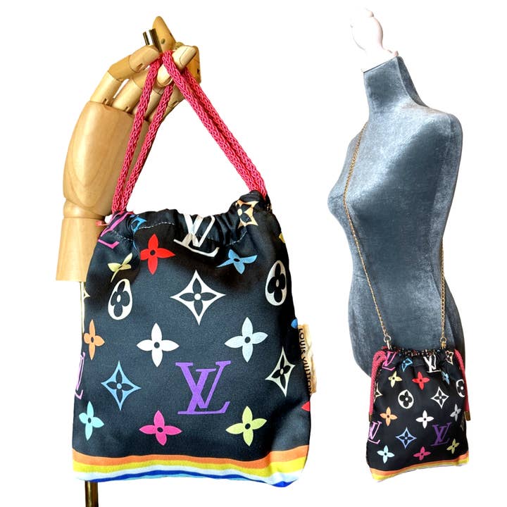 LV Monogram Noir Vintage Silk Scarf Drawstring Crossbody Bag for wholesale by Vintage Luxe Up