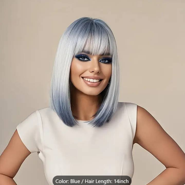U-Got Beauty Hair & Supply Store - Wholesale Wig/Hair Piece - 14-Inch Synthetic Blue Bob Wig with Straight Hair & Bangs1