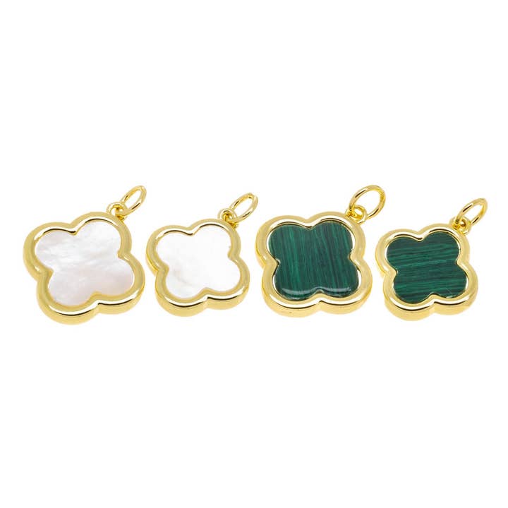 Gold & Malachite Clover Charms, Mother of Pearl Flower Charm for wholesale by Jewel Pledge