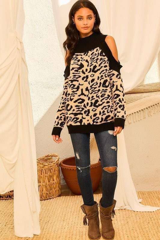 PRETO Suéter com estampa de leopardo de ombro frio para venda a revendedores na Faire4