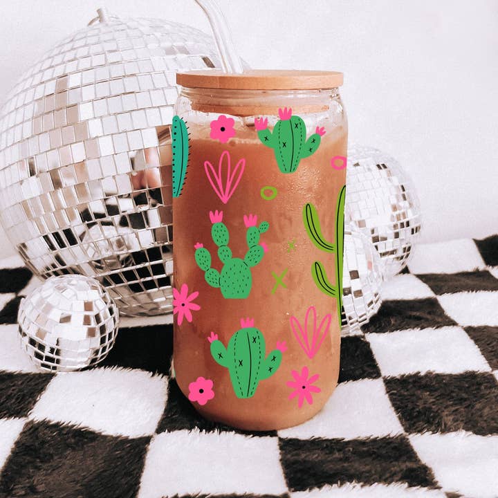 Amerikan Basics - Wholesale Drinking Glass/Cup - 16oz Glass Cup w/Bamboo Lid & Straw | Cactus