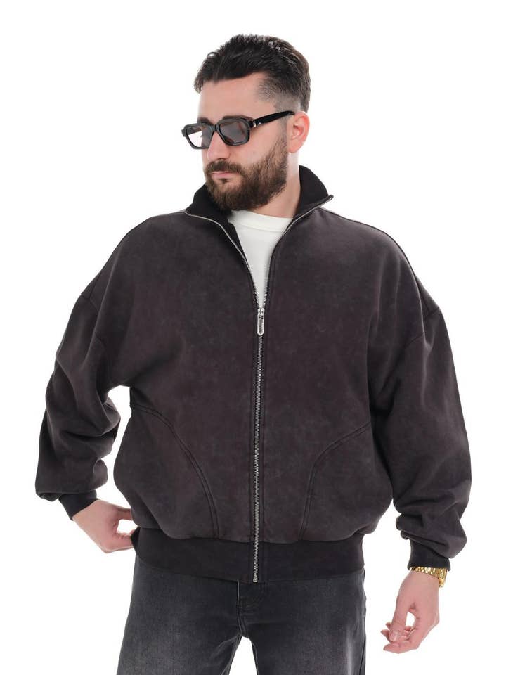 Sweat-shirt zippé oversize noir pour homme à col montant AJ-6535 pour la vente par Monocloth