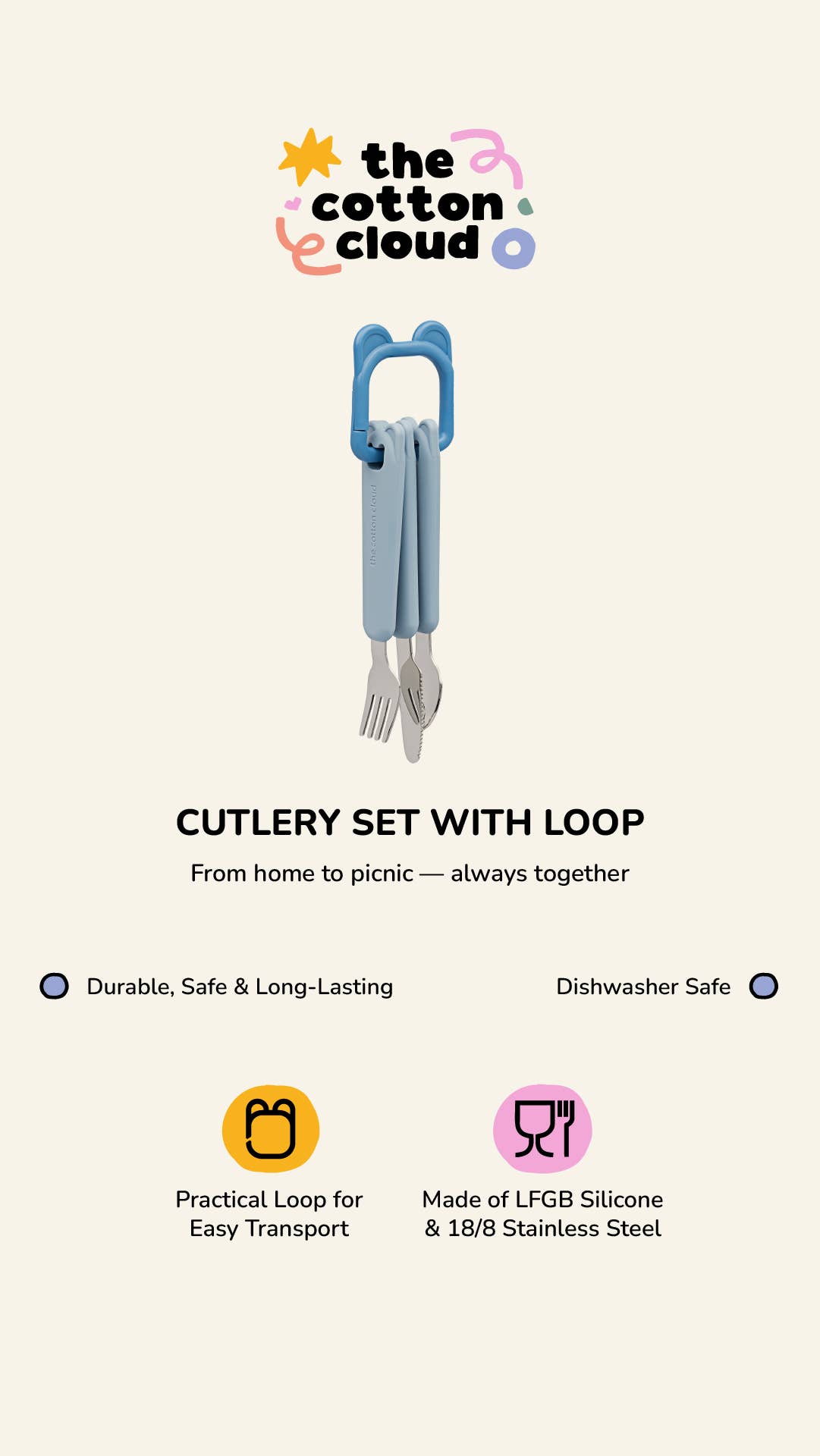 the cotton cloud - Wholesale Feeding Set - Baby - Kids Silicone and Steel Cutlery set with Loop7