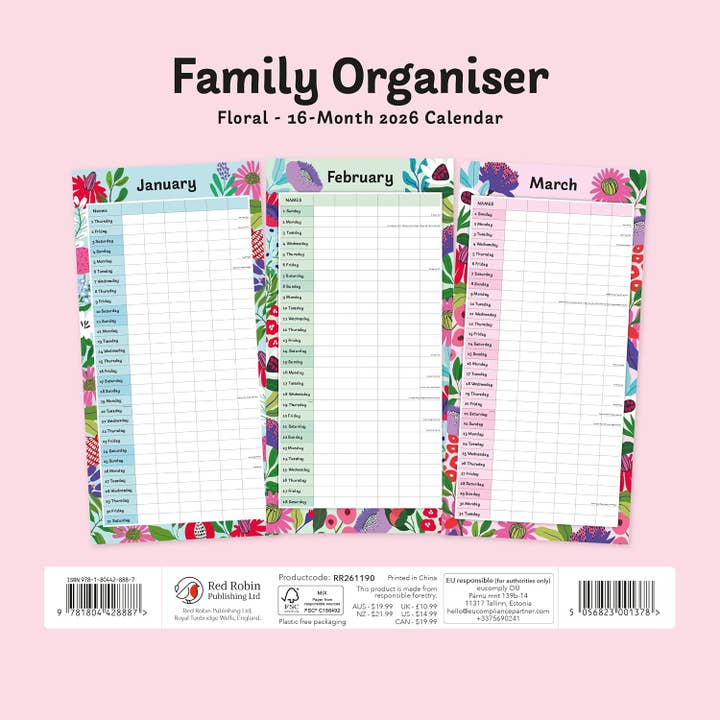 MiddleGift - Vente Calendrier - Calendrier mural organisateur familial floral Red Robin 20261