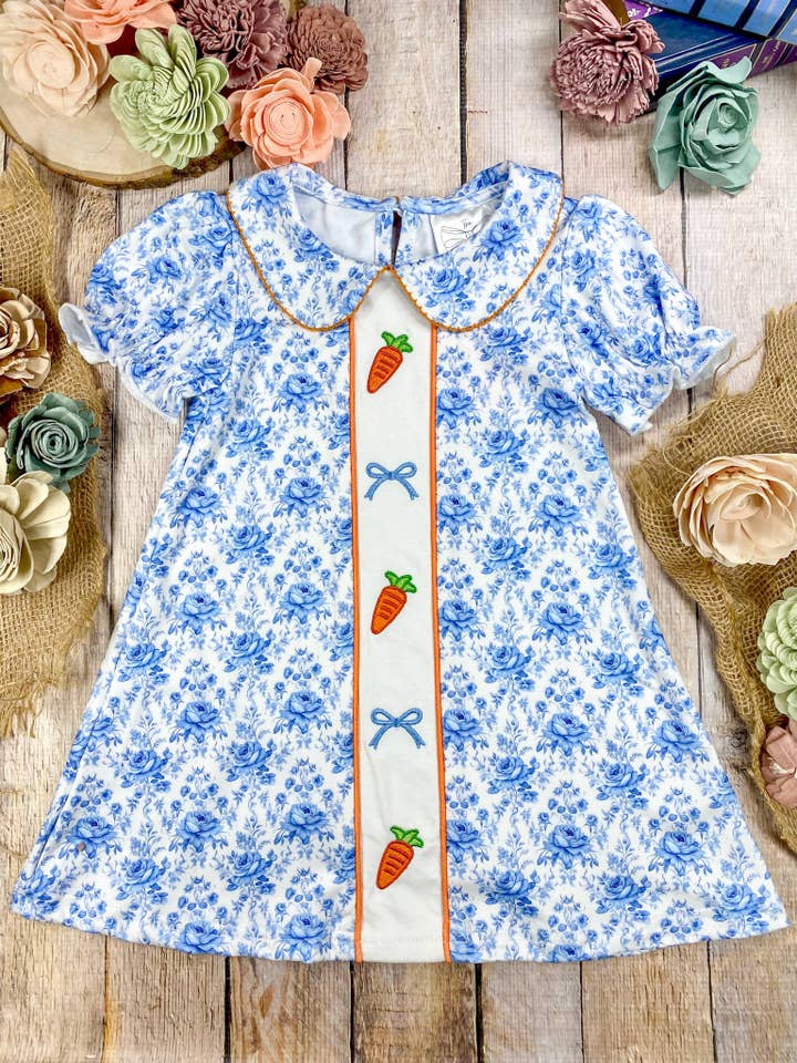 Girls Blue Easter Carrot Embroidered Dress for wholesale by The Hair Bow Company