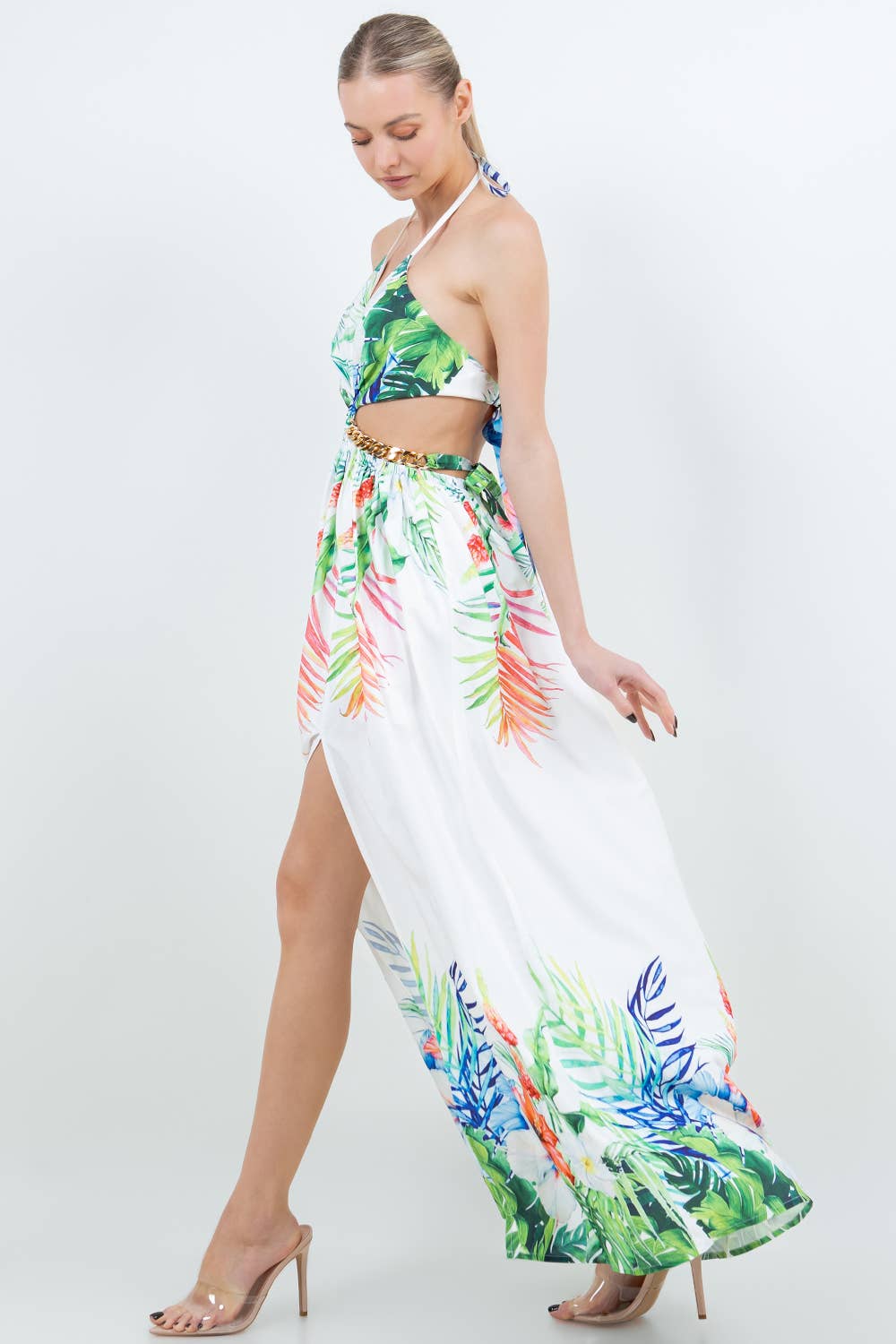 IVORY DM4190 TROPICAL FLORAL HALTER CUT OUT W CHAIN MAXI DRESS for wholesale on Faire4