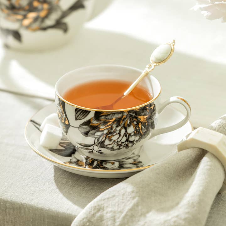Black Gold Peony 7oz Fine Porcelain Tea Cup and Saucer for wholesale by Grace Teaware