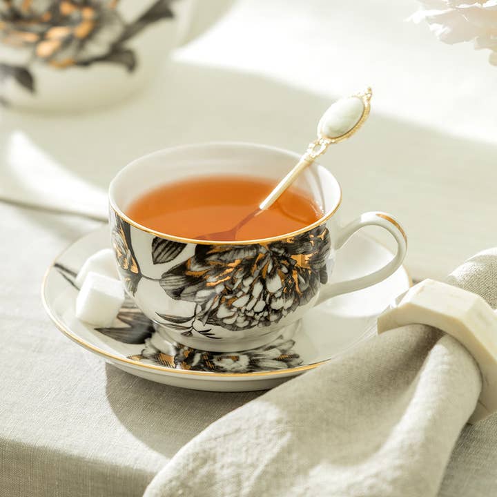 Grace Teaware - Wholesale Tea Set - Black Gold Peony 7oz Fine Porcelain Tea Cup and Saucer