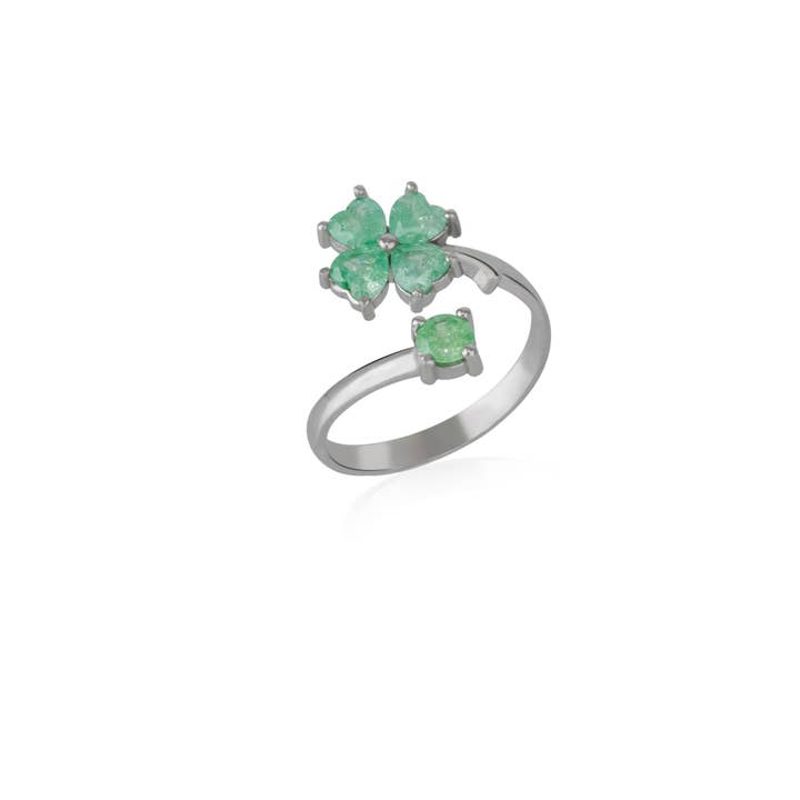 Bague porte-bonheur en forme de trèfle vert à quatre feuilles en argent sterling pour la vente par Spero London