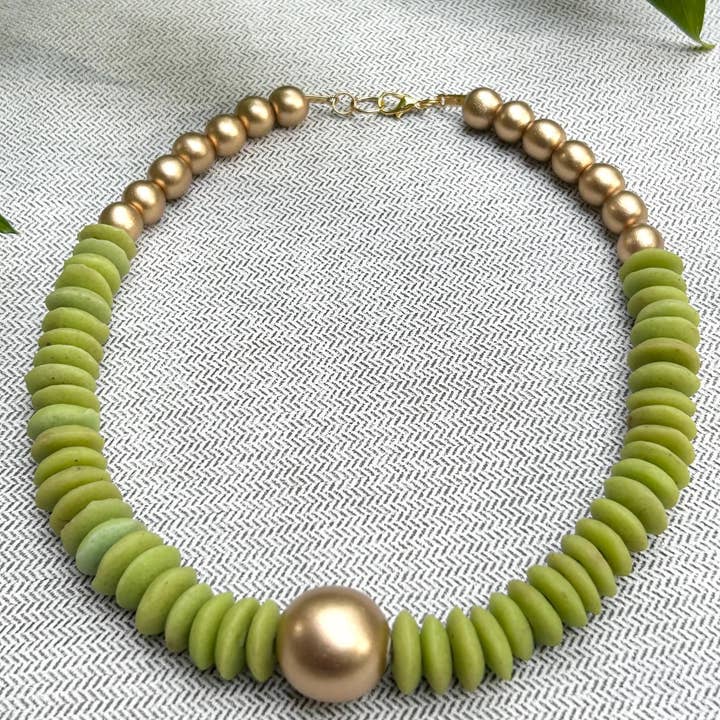 April Mae Designs - Wholesale Beaded/Pearl Necklace - Lime green and gold beaded statement necklace