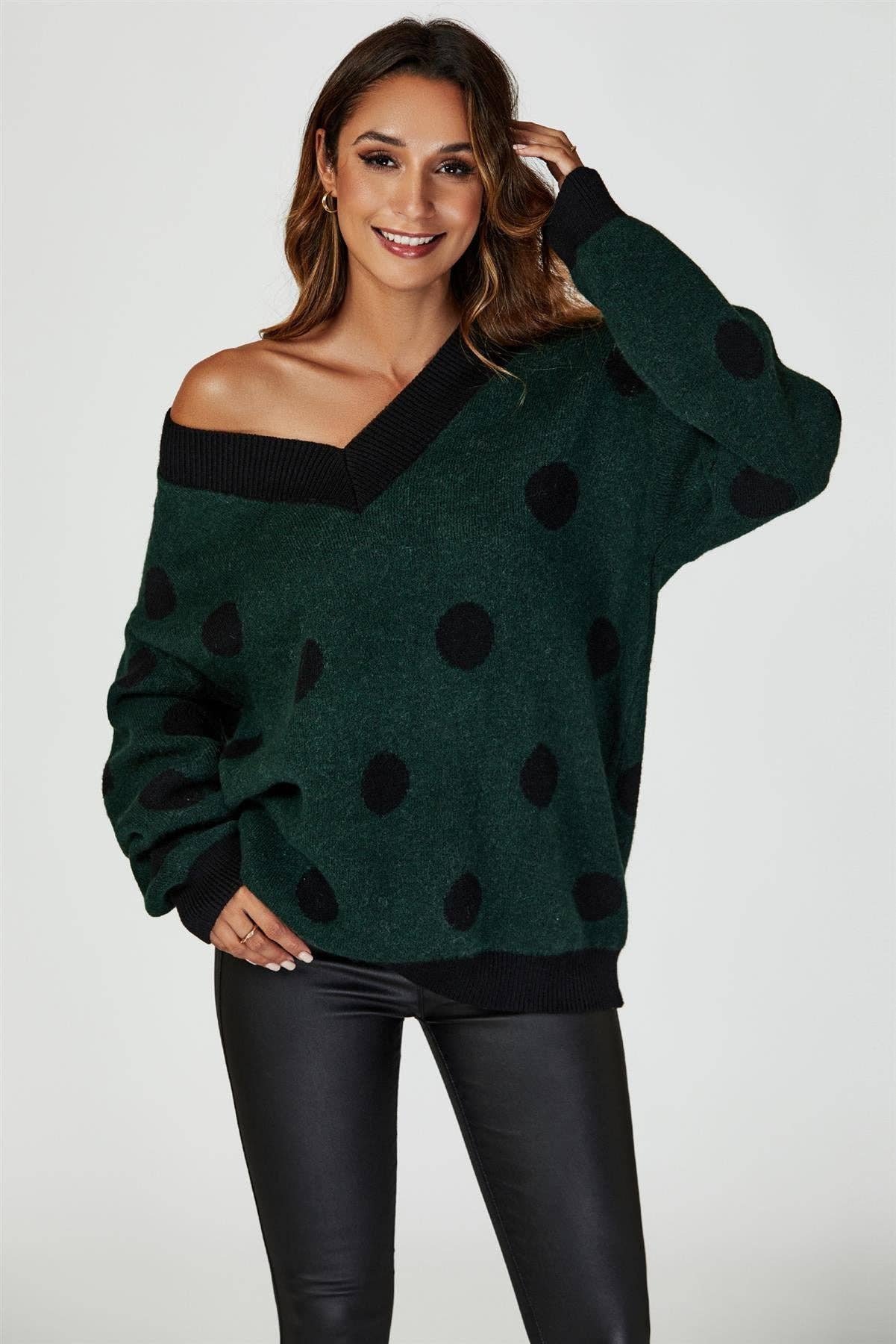 Wool Blended V Neck Jumper In Green & Black Polka Dot for wholesale on Faire4