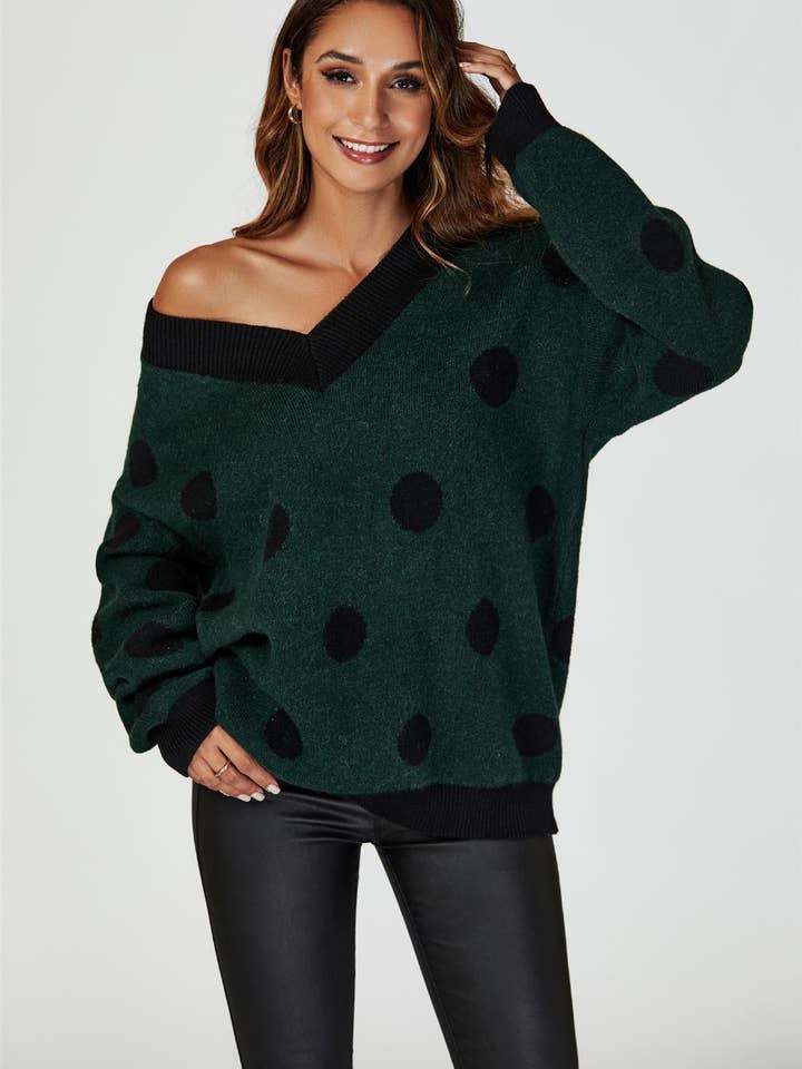 Wool Blended V Neck Jumper In Green & Black Polka Dot for wholesale on Faire4